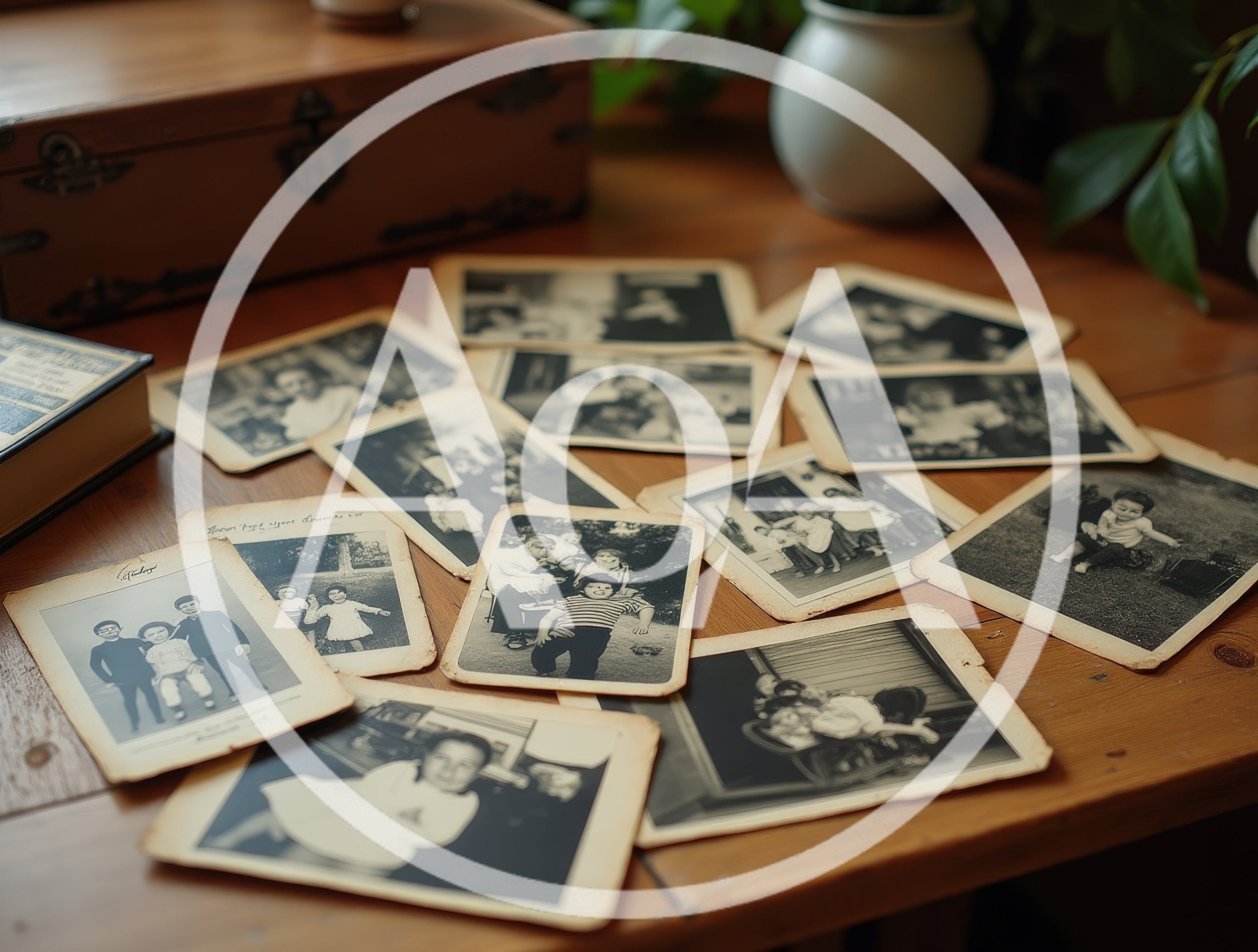 Vintage Black And White Family Photographs On Wooden Table