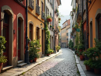 Cobblestone Street in a Charming European Town