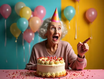 Excited Elderly Woman Celebrating Her 100th Birthday