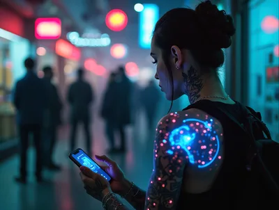 Cyberpunk Woman Using Smartphone In Neon City