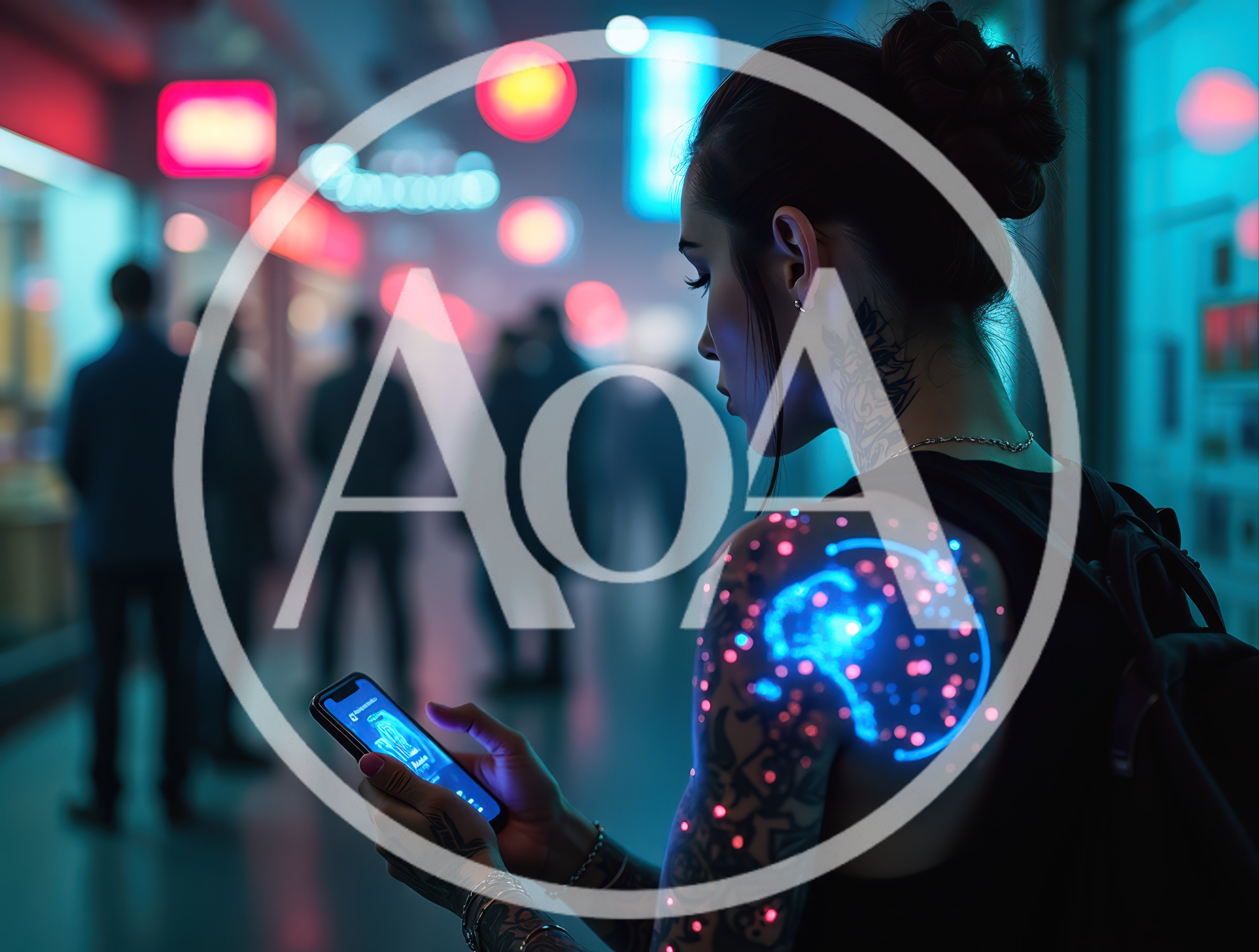 Cyberpunk Woman Using Smartphone In Neon City