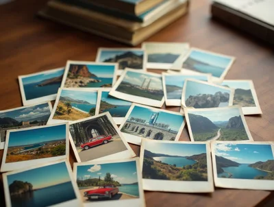 Scattered Vintage Polaroid Photographs On A Wooden Table