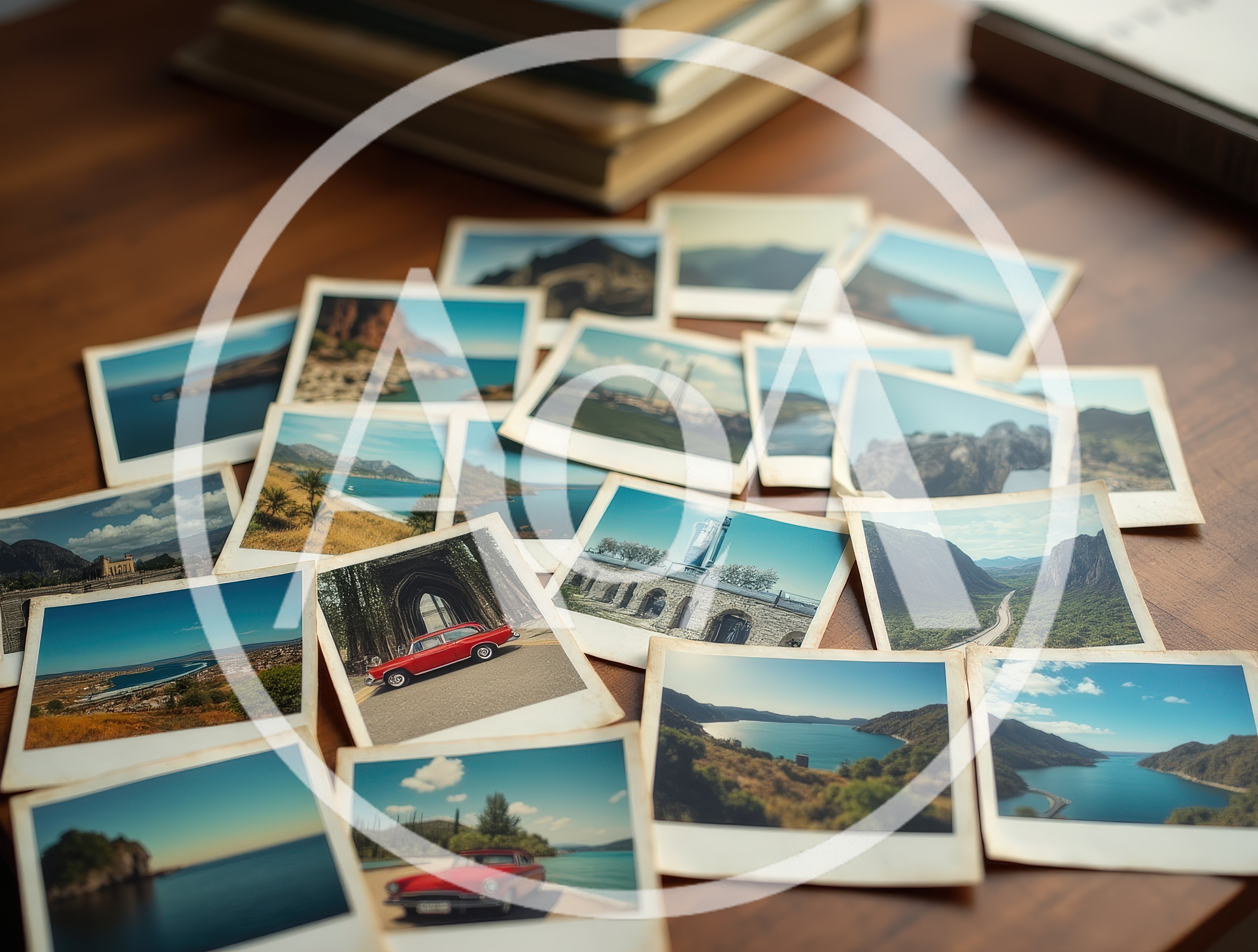 Scattered Vintage Polaroid Photographs On A Wooden Table