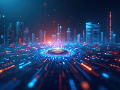 Futuristic Digital Cityscape With Glowing Data Streams