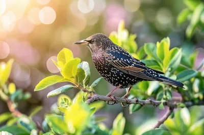 European Starling Perched on a Green Branch