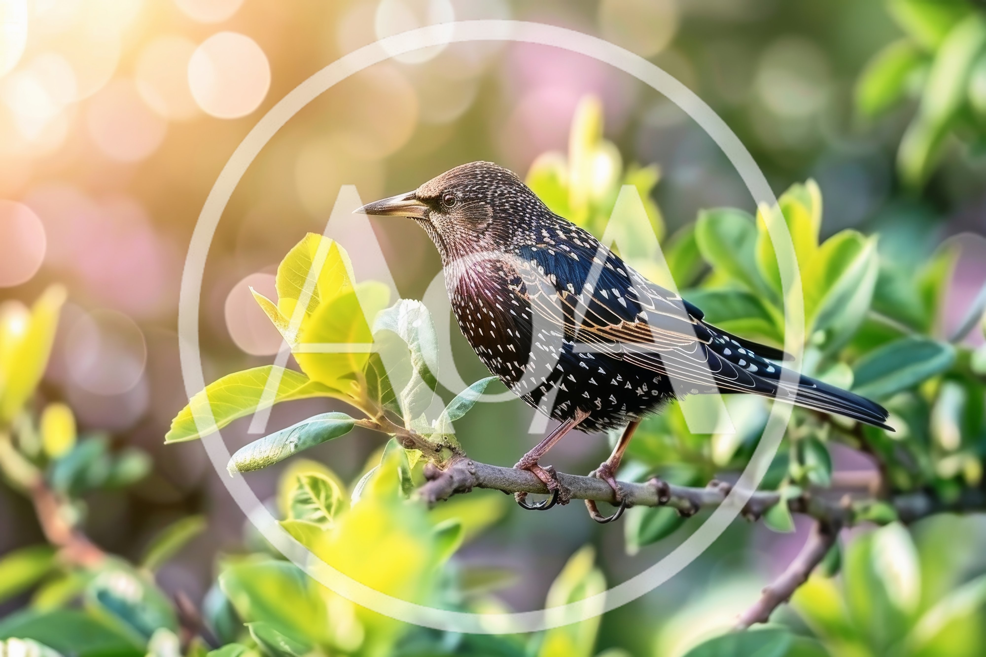 European Starling Perched on a Green Branch