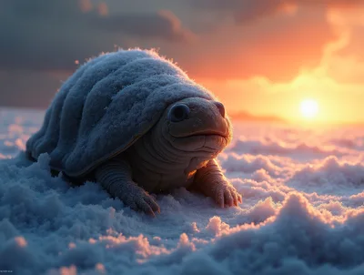 Cute Armadillo Creature Resting On Snowy Landscape At Sunset