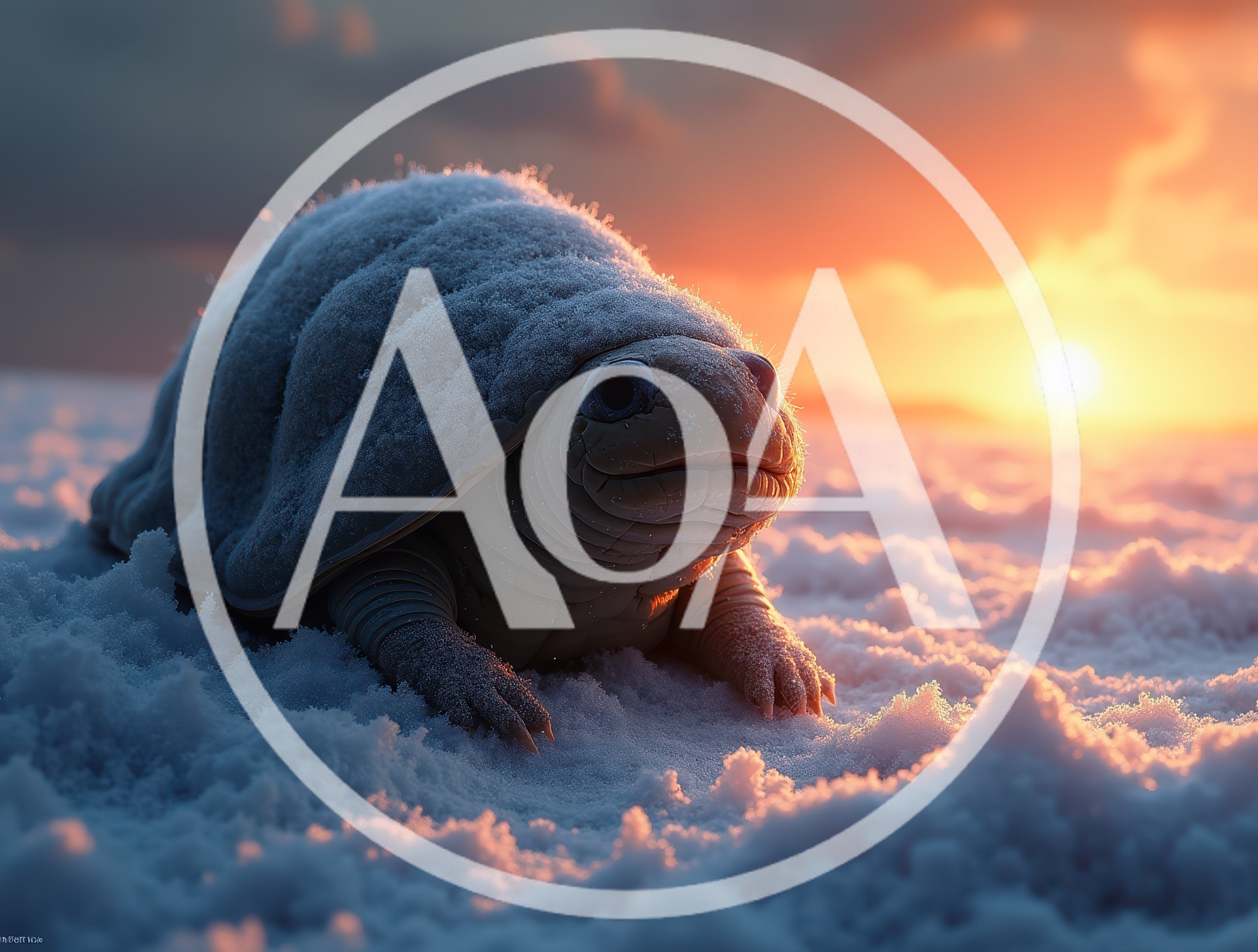 Cute Armadillo Creature Resting On Snowy Landscape At Sunset