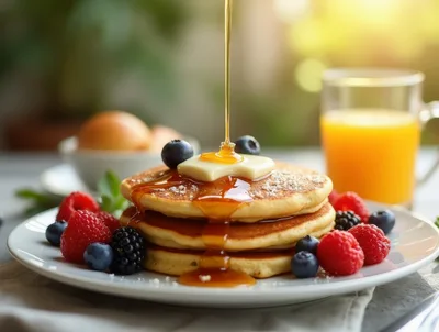 Maple Syrup Pouring Over Stack Of Pancakes