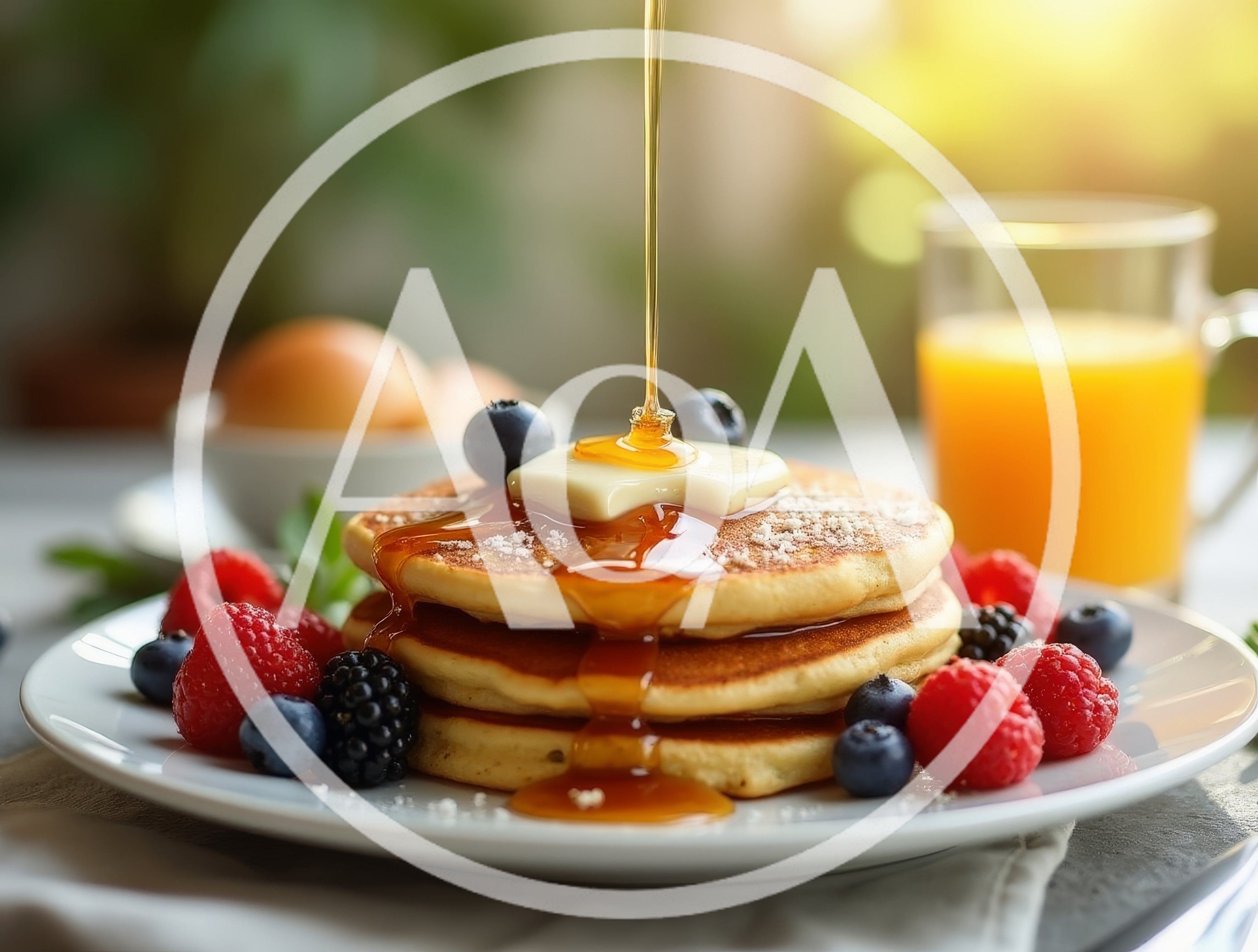 Maple Syrup Pouring Over Stack Of Pancakes
