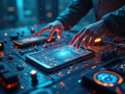 Futuristic Technician Interacting With Holographic Circuit Board Interface