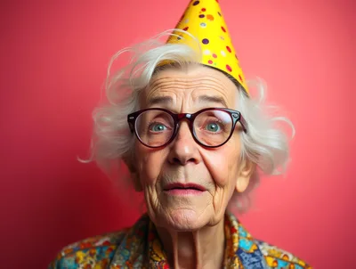 Elderly Woman Wearing A Party Hat And Glasses