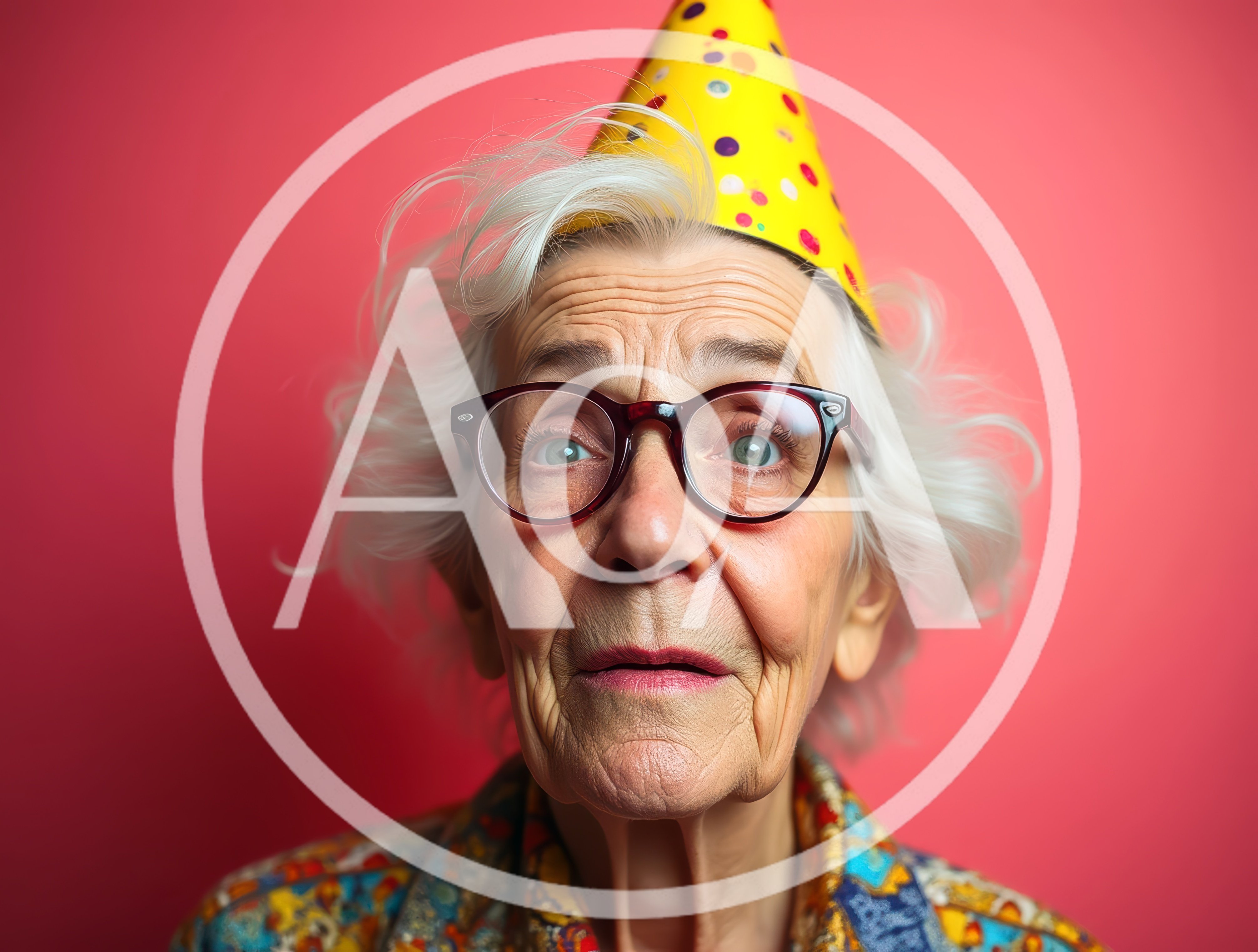 Elderly Woman Wearing A Party Hat And Glasses