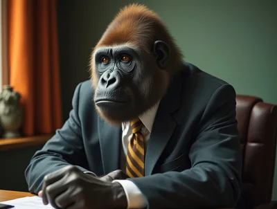 Gorilla Businessman Sitting At Office Desk