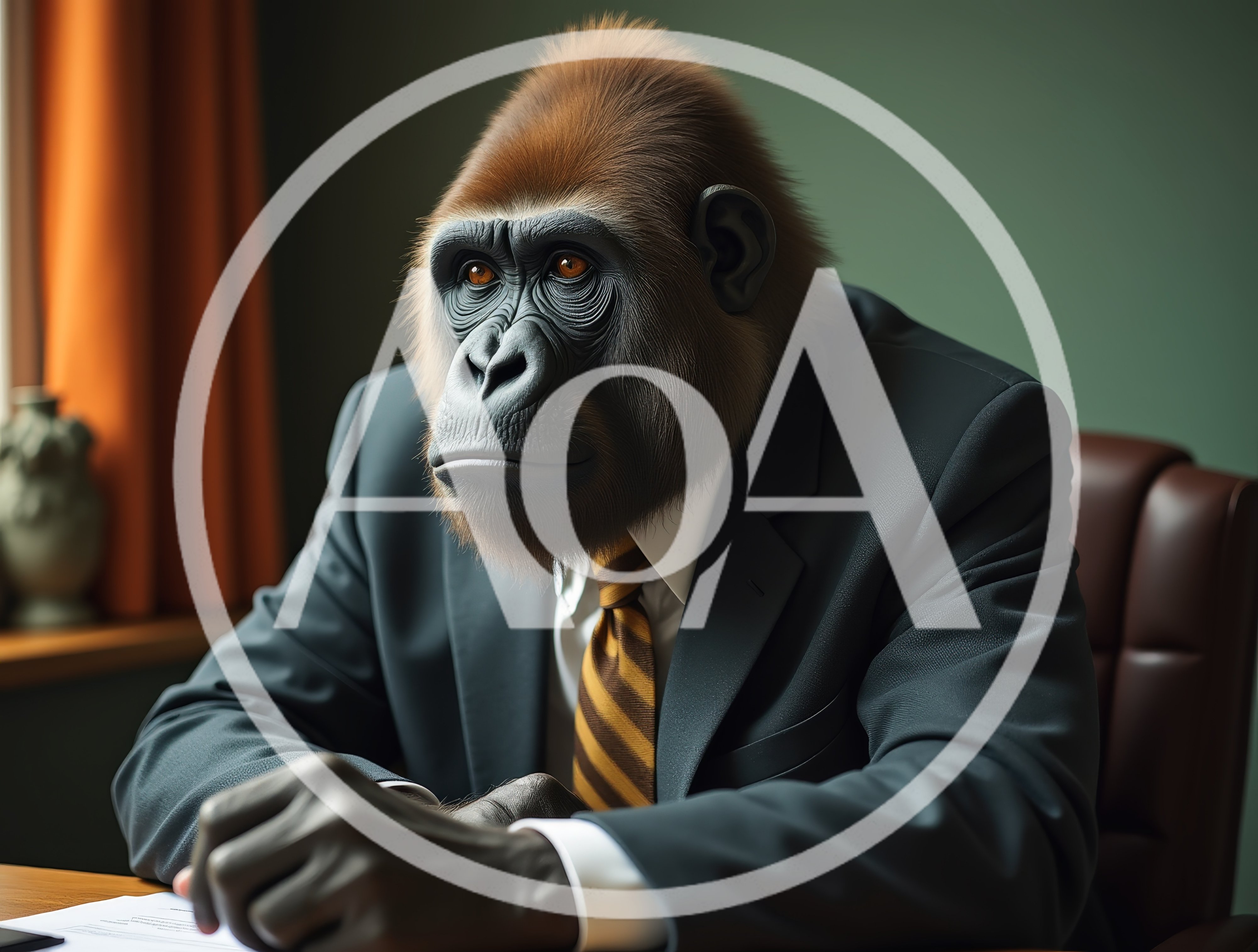 Gorilla Businessman Sitting At Office Desk