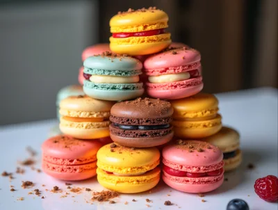 Stack Of Colorful French Macarons On White Surface