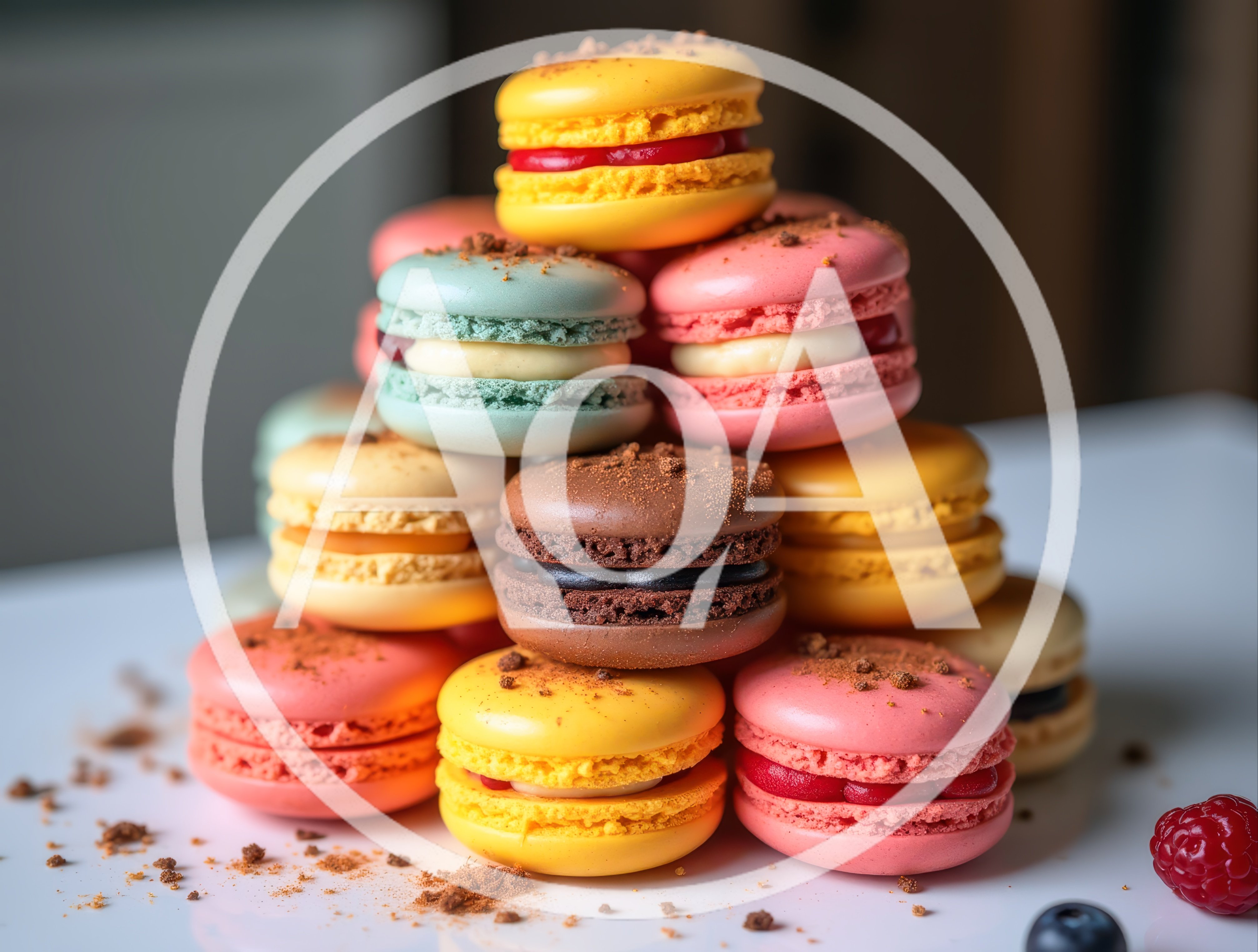 Stack Of Colorful French Macarons On White Surface