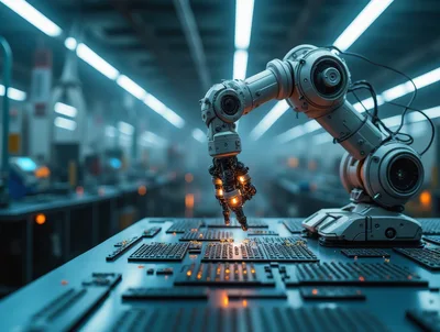 Robotic Arm Assembling Microchips In Automated Factory