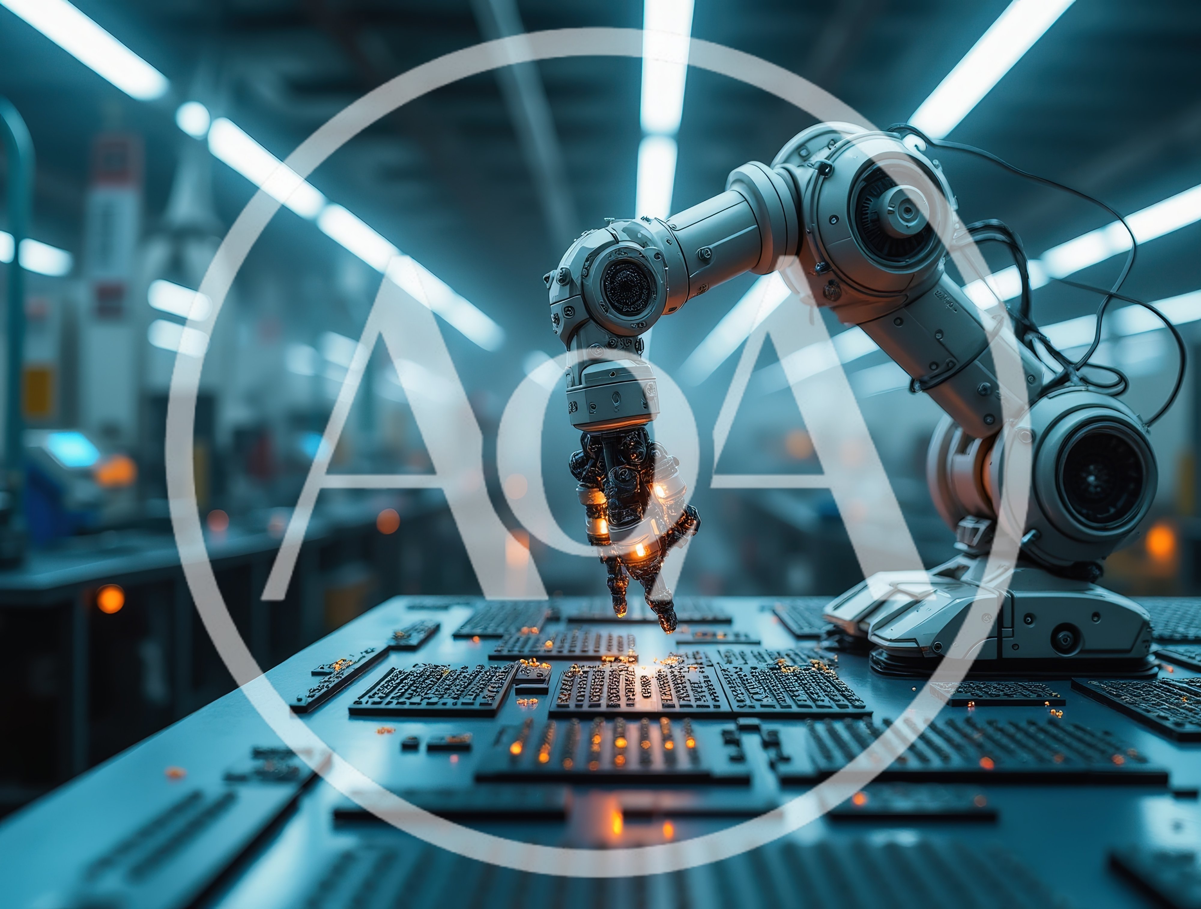 Robotic Arm Assembling Microchips In Automated Factory