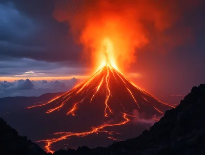 Volcanic Eruption With Glowing Lava Flows At Sunset