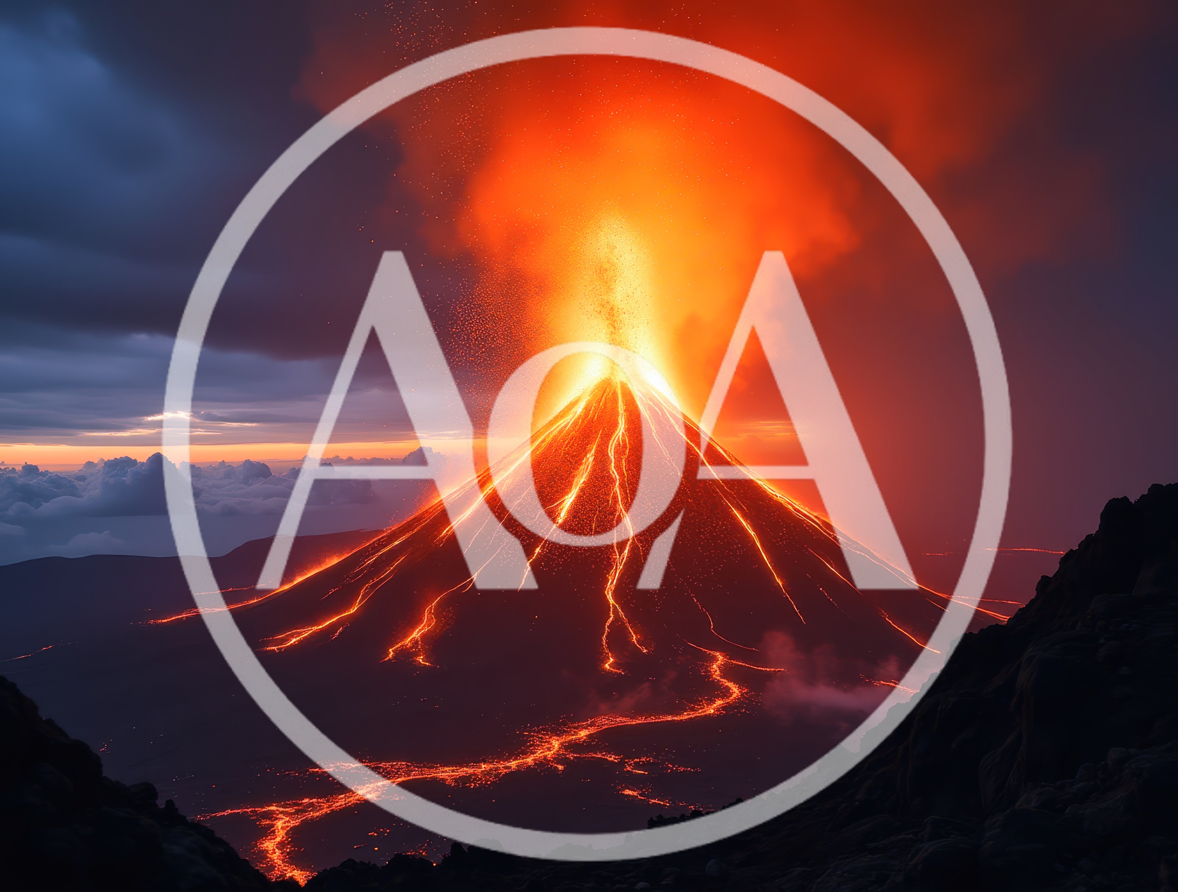 Volcanic Eruption With Glowing Lava Flows At Sunset