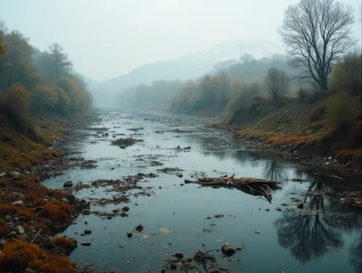 Foggy River Landscape With Distant Snow Capped Mountain