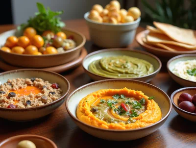 Assorted Mediterranean Mezze Platter With Dips And Bread