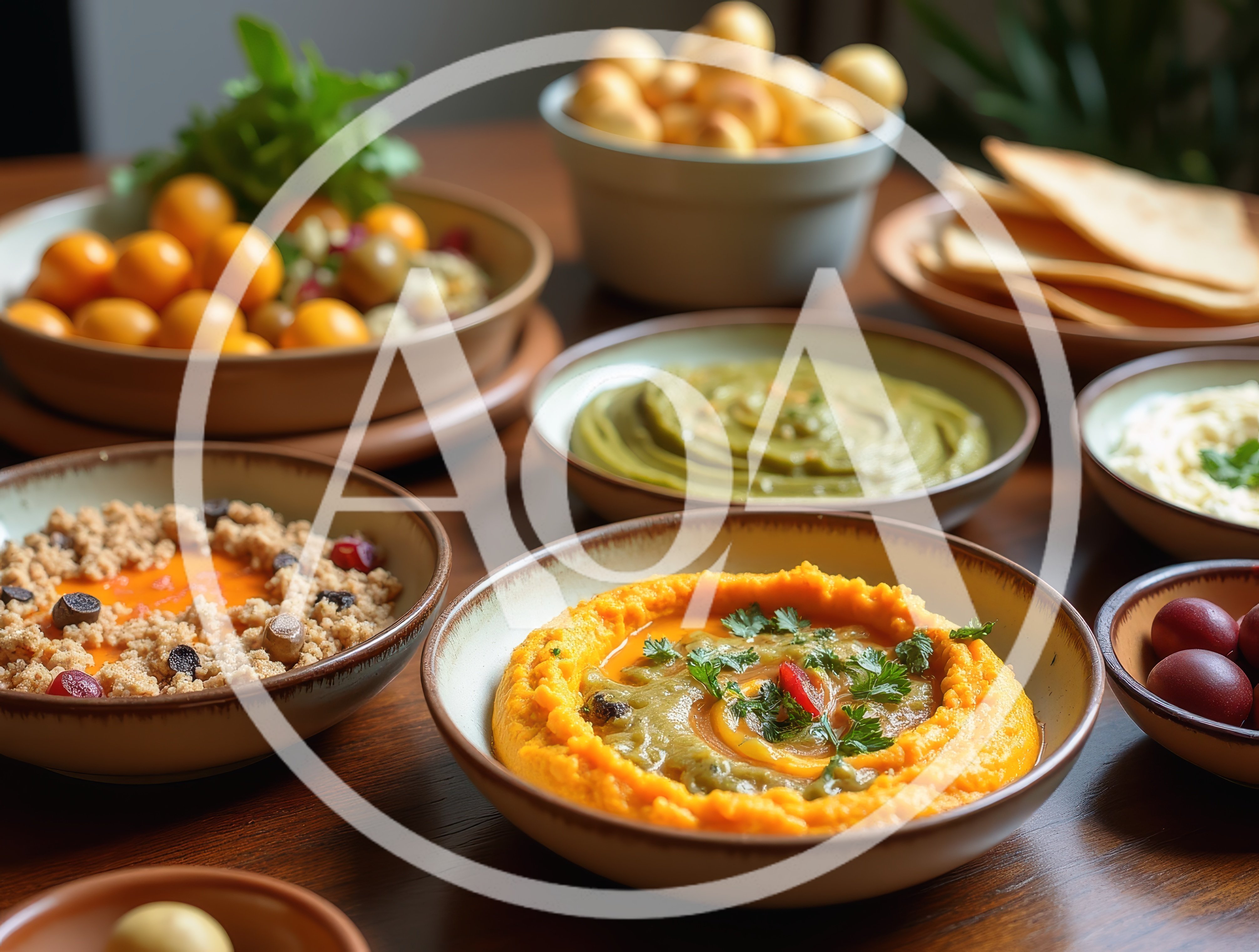 Assorted Mediterranean Mezze Platter With Dips And Bread