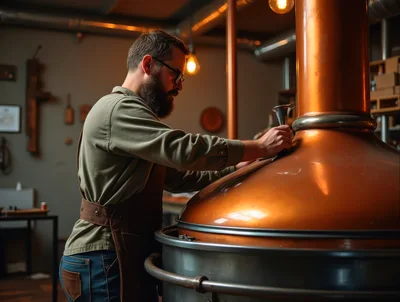 Artisan Distiller Operating Copper Still In Craft Distillery
