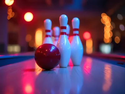 Red Bowling Ball Approaching Pins on Neon Lane