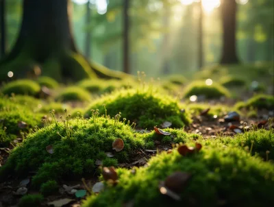 Lush Green Mossy Forest Floor With Sunlight