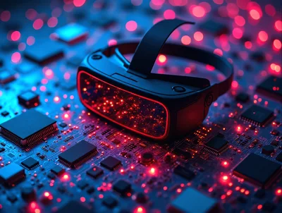 Virtual Reality Headset Resting On Glowing Circuit Board