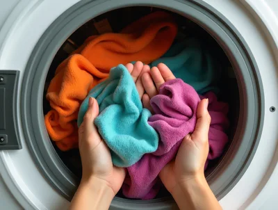 Person Holding Colorful Laundry Inside Washing Machine