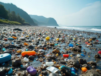 Plastic Pollution Scattered Across A Rocky Beach