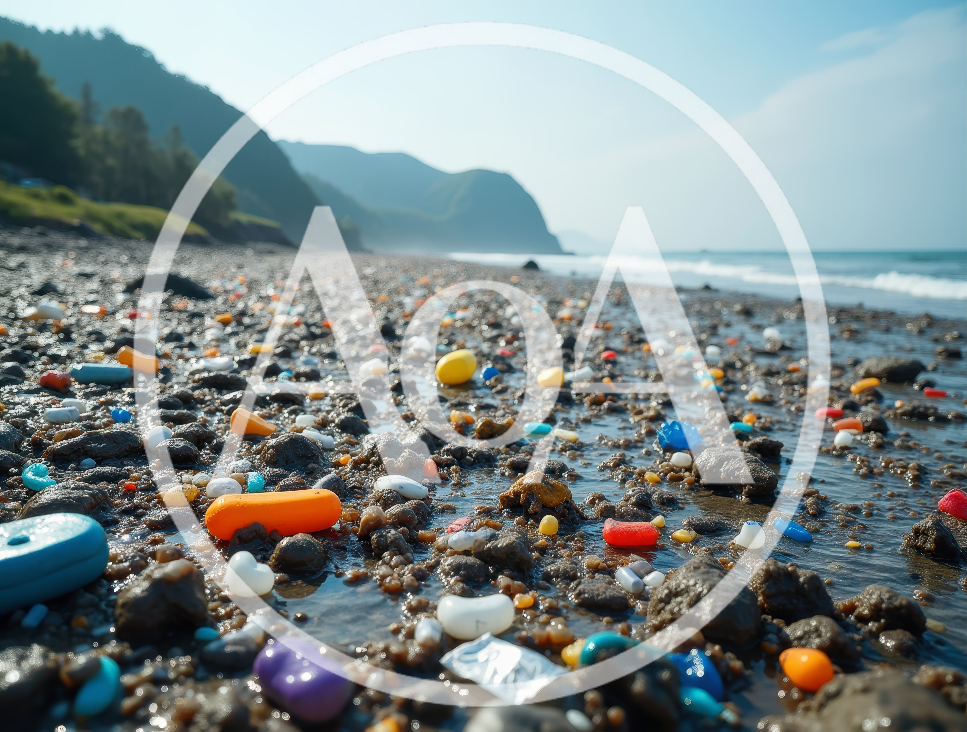 Plastic Pollution Scattered Across A Rocky Beach