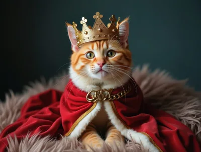 Regal Ginger Cat Wearing A Golden Crown And Cape