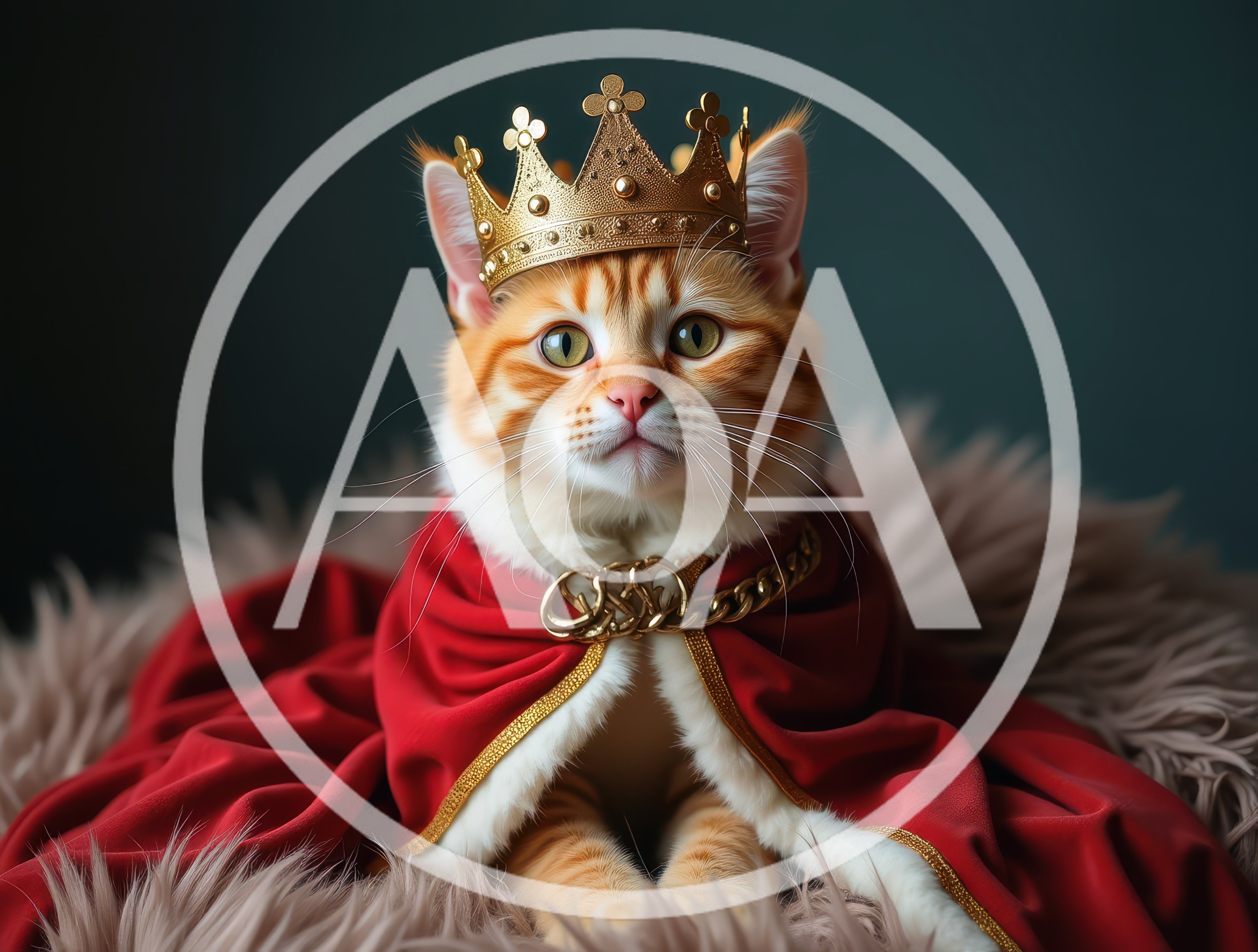 Regal Ginger Cat Wearing A Golden Crown And Cape