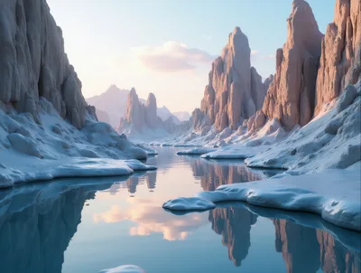 Serene Glacial Landscape With Towering Rock Formations