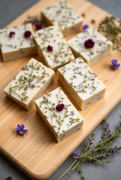 Handmade Botanical Soap Bars On Wooden Board