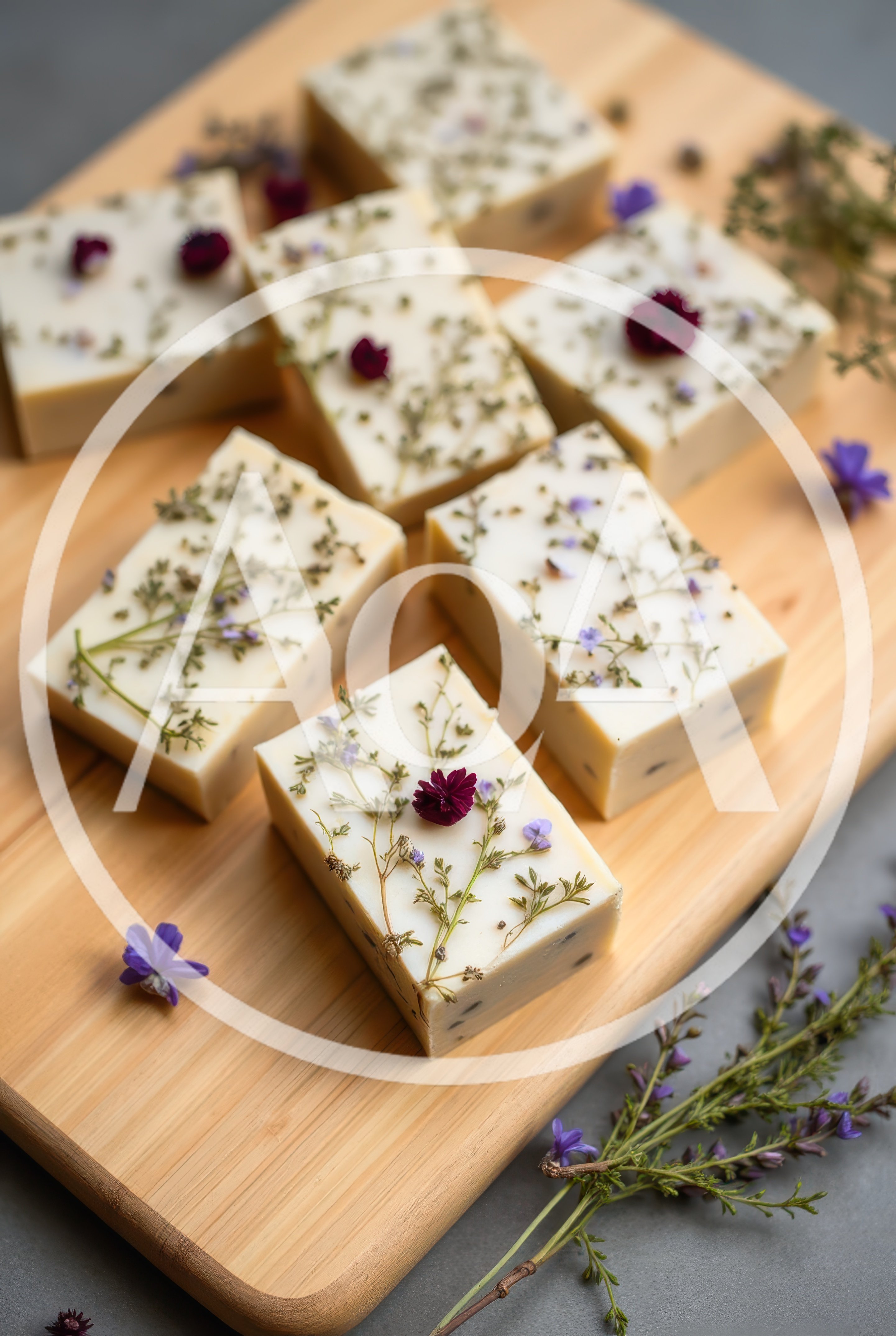 Handmade Botanical Soap Bars On Wooden Board