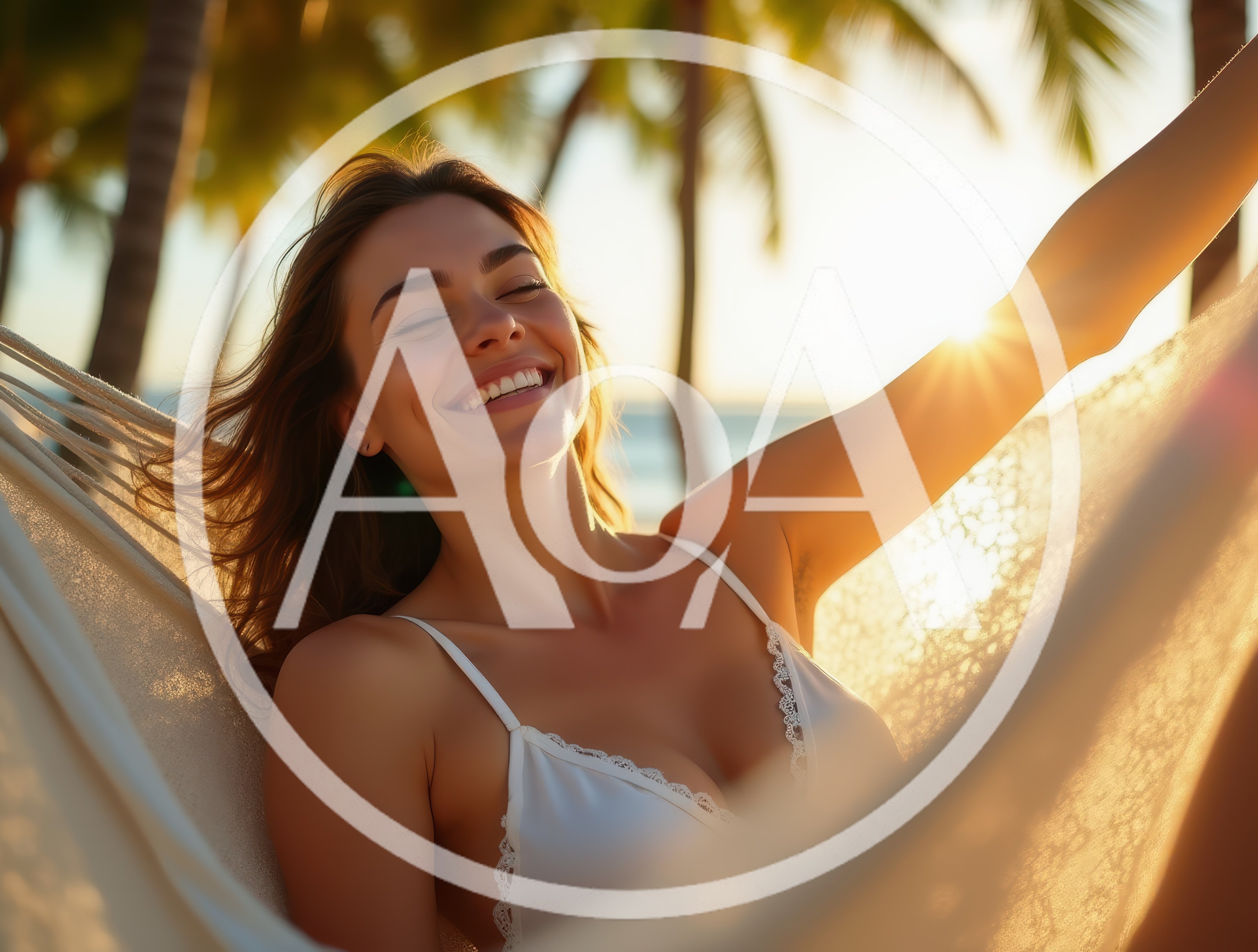 Happy Woman Relaxing In A Hammock At Sunset