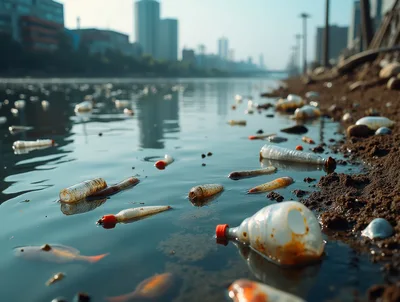Plastic Bottles Polluting A City Riverbank