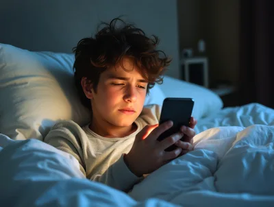 Sick teenager using smartphone in bed at night