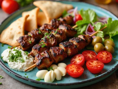 Grilled Meat Skewers With Pita Bread And Vegetables