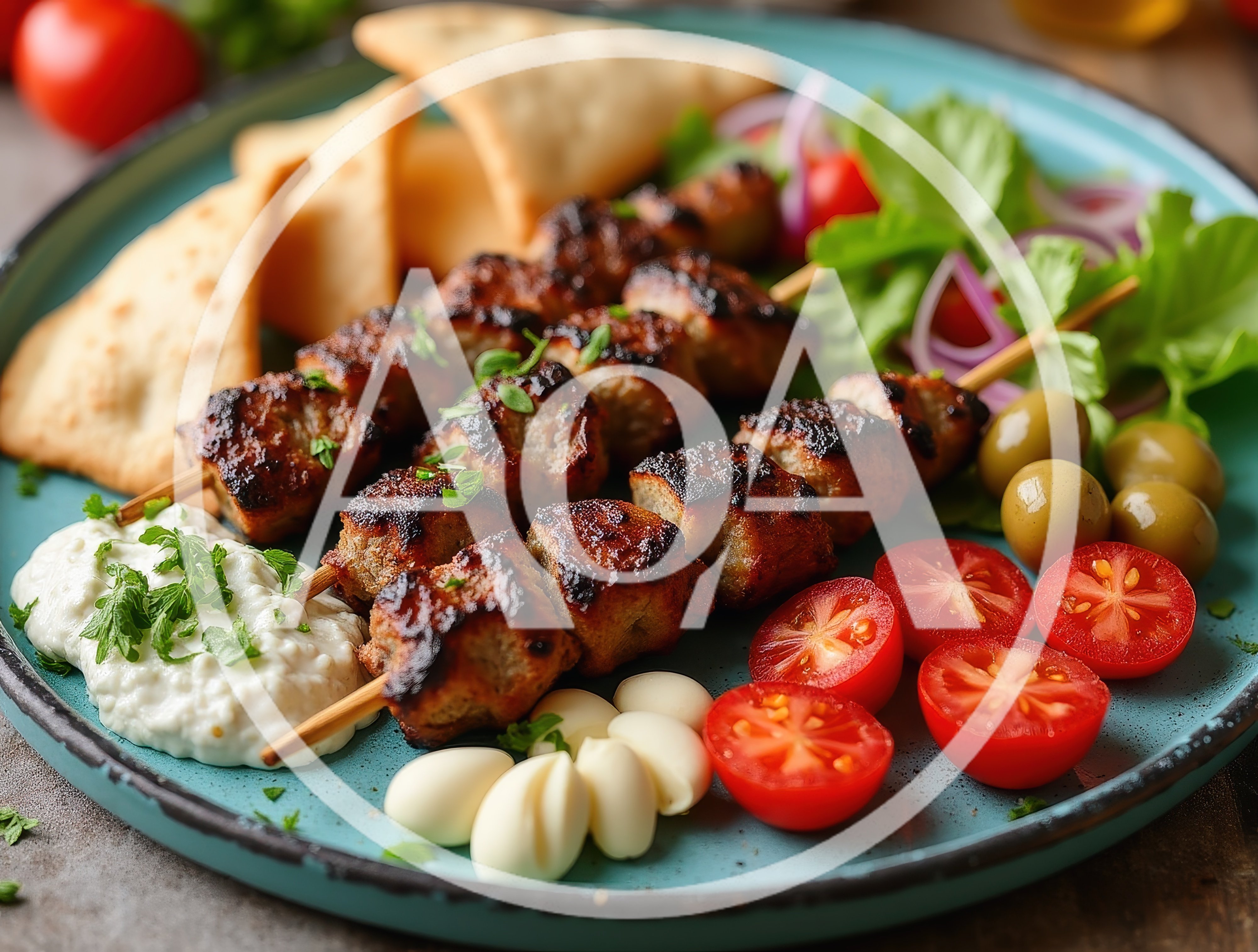 Grilled Meat Skewers With Pita Bread And Vegetables