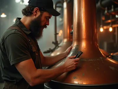 Distillery Worker Inspecting Copper Still With Flashlight