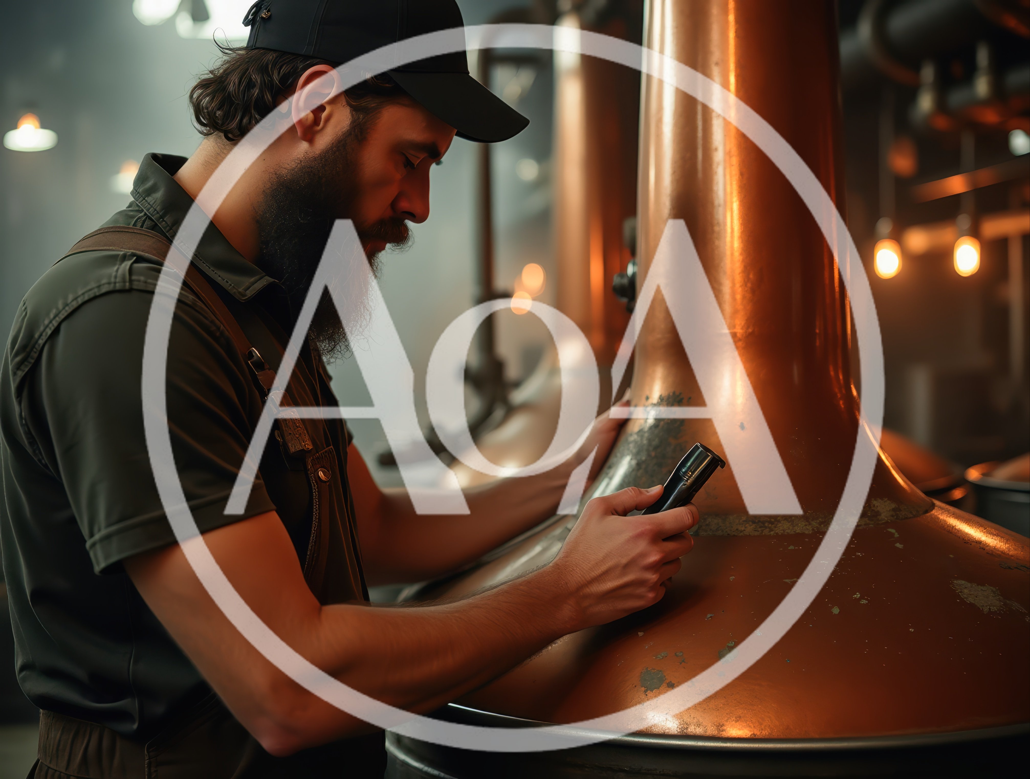 Distillery Worker Inspecting Copper Still With Flashlight