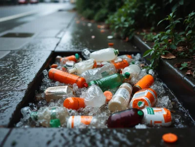 Discarded Plastic Bottles And Cans In A Storm Drain
