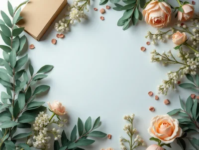 Flat Lay Floral Frame With Peach Roses And Eucalyptus