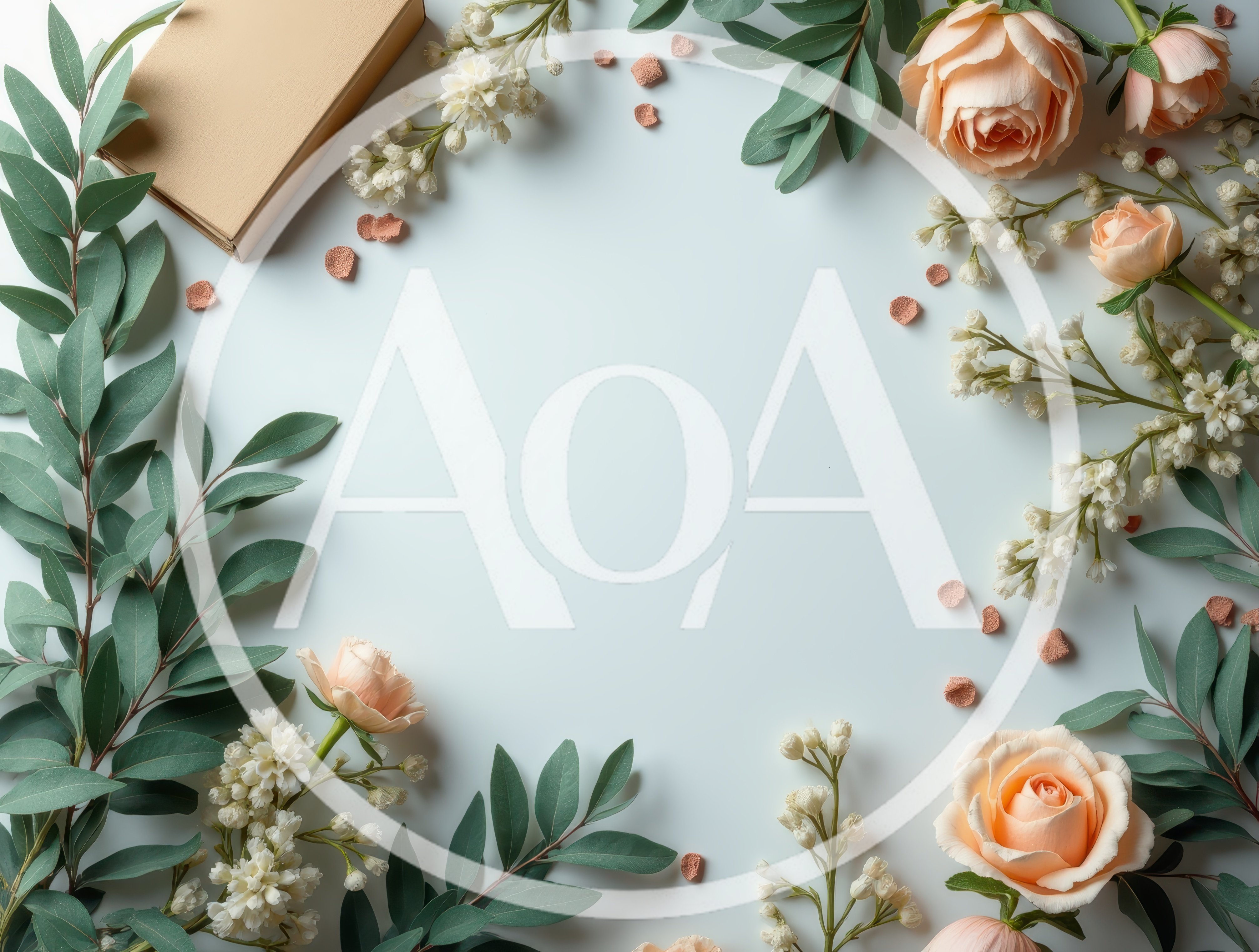 Flat Lay Floral Frame With Peach Roses And Eucalyptus